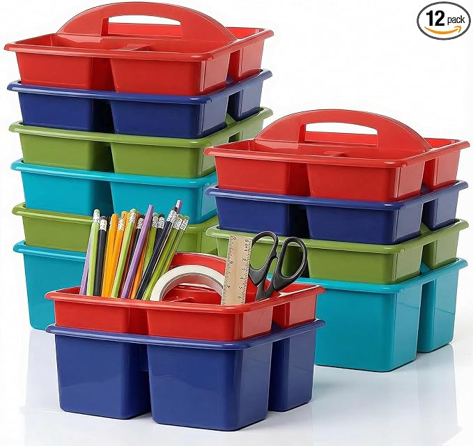 Kathfly 12 Pack Classroom Caddy Organizer with Handle, Plastic Art Craft Cleaning Caddy Bulk, Small Multipurpose Supply Organization Storage Basket for Table Desk Office Pencil Teacher (Deep Color)