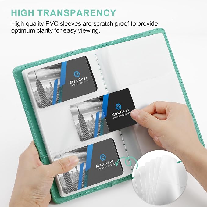 MaxGear Business Card Organizer Book, Holds 240 Cards, Portable PU Leather Business Card Holder with Clear Sleeves, Professional Card Binder for Office, Meetings, Networking, Turquoise