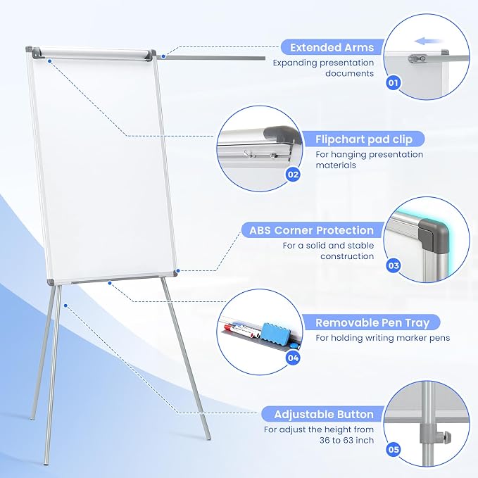 MAKELLO Flip Chart Easel, Magnetic Dry Erase Board with Stand for Office Classroom Home School, Extended Display Arms and Adjustable Height, 36x24 in