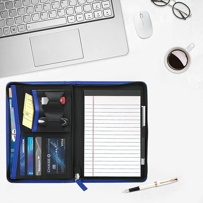 Junior Padfolio/Resume Portfolio Binder with Refillable Lined Notepad, A5 Padfolio Folder, Business Portfolio, Multi-Function Case, A5 Writing Pad Included, Royal Blue