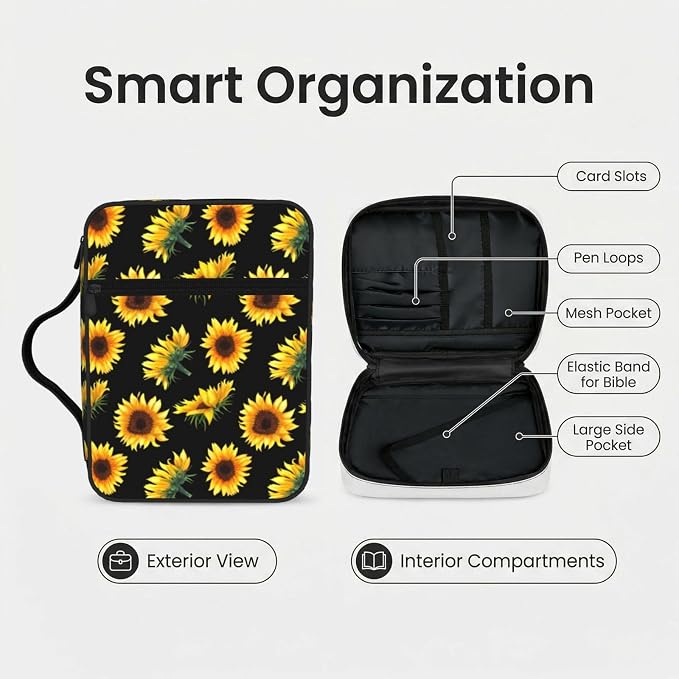 Sunflower Flower Floral Black Bible Cover Case Carrying Book Protector Case Bible Study Supplies Accessories Holder Case Christian Gift for Women Men