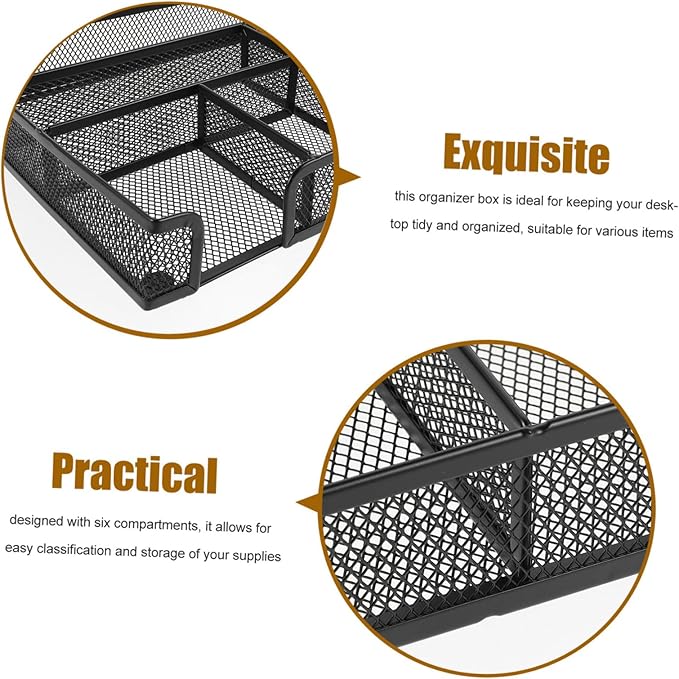 Cabilock 6-Compartment Metal Mesh Desk Organizer Tray Multifunctional Storage Box for Office Supplies Craft Storage Black