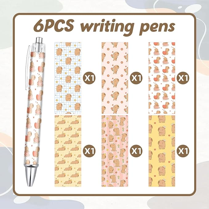 6PCS Capibara Pattern Pens Set, Capibara Reusable Writing Pens, Cute Accessories Items Stationary, Perfect for School, Office Supplies, Party gifts, Theme Notebooks, Sticky Notes, Desk Accessories