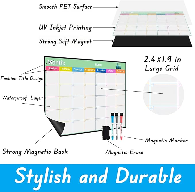 Magnetic Calendar Combo Set – 17x12” Magnetic Monthly & Weekly Dry Erase Calendar for Fridge, Family and Classroom Planning, Includes 3 Markers and Eraser