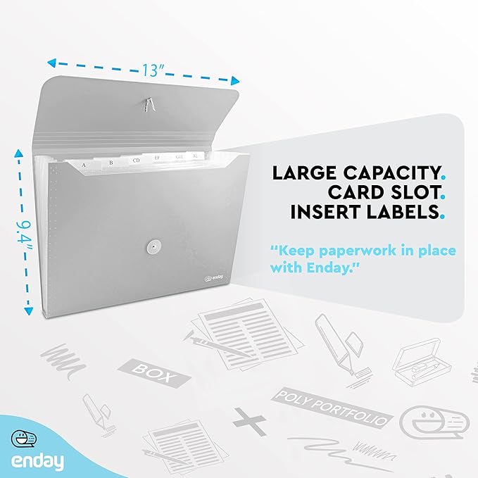 Accordion File Organizer Grey, 7 Pocket Expanding File and Cover Folder with Labels, Plastic Portable Desktop Letter A4 Paper, Also Available in Red, Green, Pink, Blue, Purple, 1 Pc – By Enday