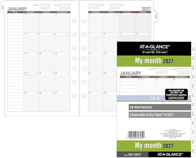 AT-A-GLANCE 2027 Planner Refill, Monthly, 5.5" x 8.5", Desk Size 4, Tabbed, 7-Ring Loose-Leaf, Unruled Blocks (061-685Y-27)