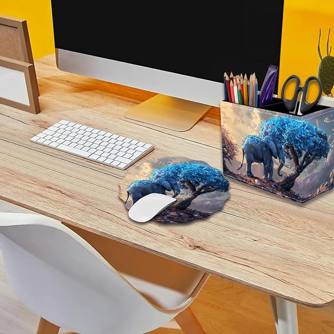 Pen Holder for Desk, PU Leather Multifunctional Desktop Storage Box and Anti-Slip Mouse Pad Set, Makeup Brush Holder Pen Organizer for Office and Home - Leaves and Elephants