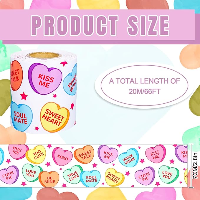JarThenaAMCS 66Ft Valentine's Day Bulletin Board Border White Conversation Heart Rolled Self Adhesive Colorful Heart Border Trim Stickers for Classroom Office Chalkboard Party Decor
