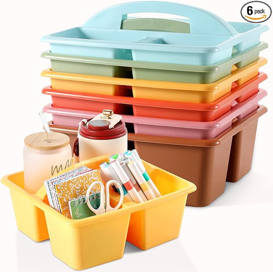 6 Pack 3 Compartment Small Caddy Plastic Classroom Organizer with Handle Portable Teacher Supply Storage Caddy Craft Art Caddies for Pencil, Crayon, Marker, Home, Office, School Supplies(Boho)