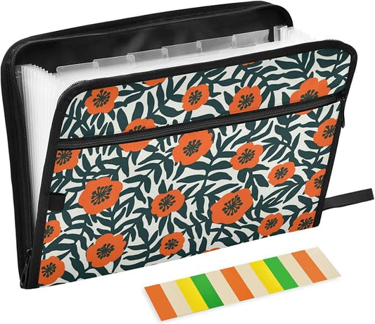 Retro Red Poppies 13 Pockets Expanding File Folder with Sticky Labels Accordion File Folder Document Organizer Letter Size A4 Papers Expandable File Keeper