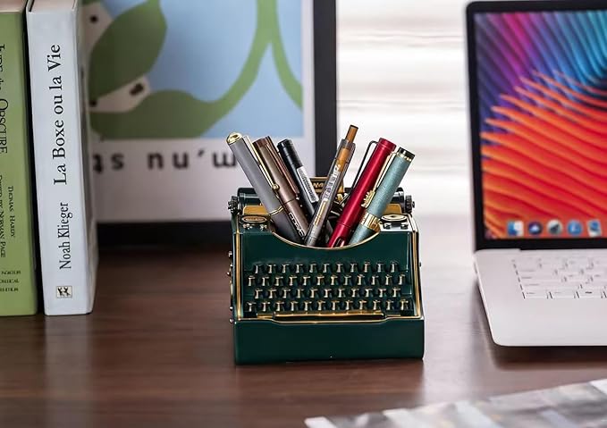 Retro Typewriter Pen Holder Decorative Resin Vintage Pencil Holders Desk Organizer for Writer's Desk (Green)