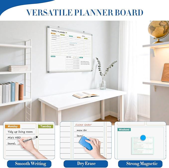 WALGLASS Weekly Dry Erase Calendar Whiteboard for Wall, 24" x 18" Double-Sided Weekly Planner White Board with Notes, Daily Tracker, Aluminum Framed Hanging & Wall Mount for Home, Office, School