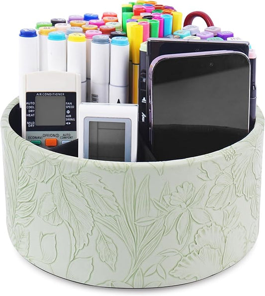 Remote Control Holder, 360°Spinning PU Leather Desk TV Remote Caddy,Desk Storage Box Room Accessories for Controller, Media,Mail,Calculator, Mobile Phone,Pencil(1-Carved Green1)