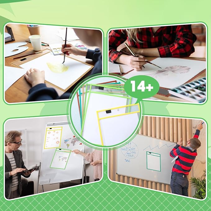 Watersay 24 Pcs Dry Erase Pocket Reusable Sleeves 10" x 14" Clear Plastic Sheet Protectors with Markers and Mini Dry Erasers for Paper(Assorted Color)