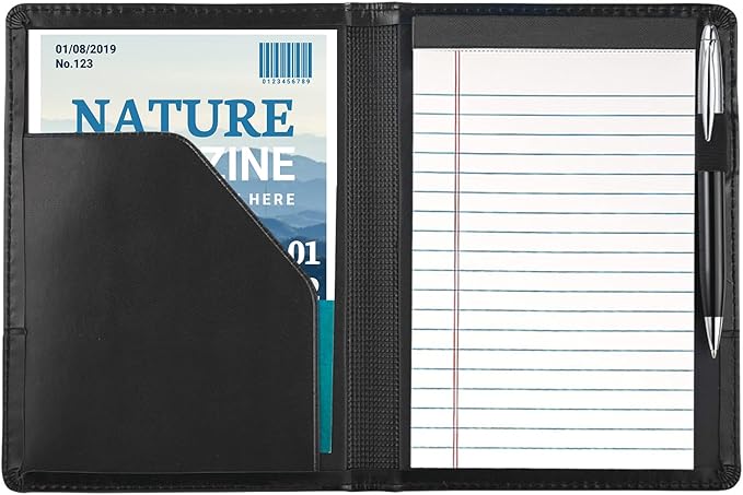 A5 Padfolio Business Portfolio Folder,Junior Size Document Folder Organizer, Padfolio with Interior Pocket and Pen Loop, 5 x 8 Writing Pad Included. Black.