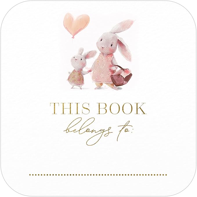 Mobiusea Creation Bunny Design This Book Belongs to Stickers | Bookplates Labels | 2 x 2 Inch | Gold Foil | 60pcs Stickers for Name Plates for Books and Bookplate Labels