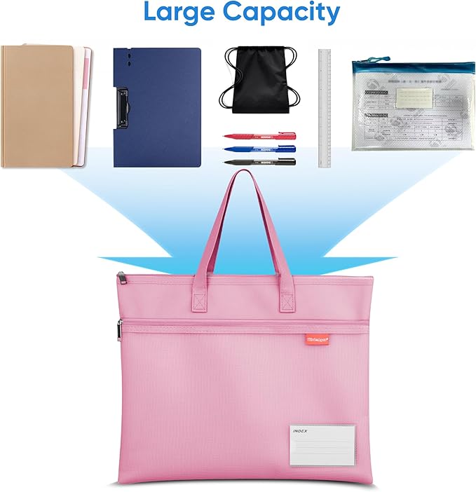 Wisdompro Waterproof Zipper Pouch, Large Mesh File Bag with Handle, Durable Triple Pocket Document Storage for Cross Stitch, Puzzle Project, Travel and Office - Pink