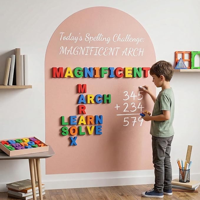 Large Magnetic Wall Decal: 23.6"x39.4" Arch Magnet Board for Wall - Aesthetic Boho & Montessori Educational Playroom Decor for Kids 5-10 - Peel and Stick Chalkboard (Camel Pink)