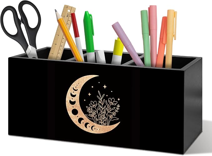 Witchy Floral Moon Pen Holder Organizer Desk Decor, Witchy Room Decor, Boho Black Gold Celestial Crescent Moon Phase Wooden Pen Pencil Holders for Home Office Desk Accessories