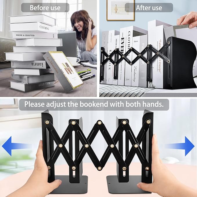 Non Skid Book Ends to Hold Books, Carooyac Metal Adjustable Book Ends Decorative Bookends for Home Office, Heavy Duty Kids Bookshelf Magazine Holder Book Organizer for Desk