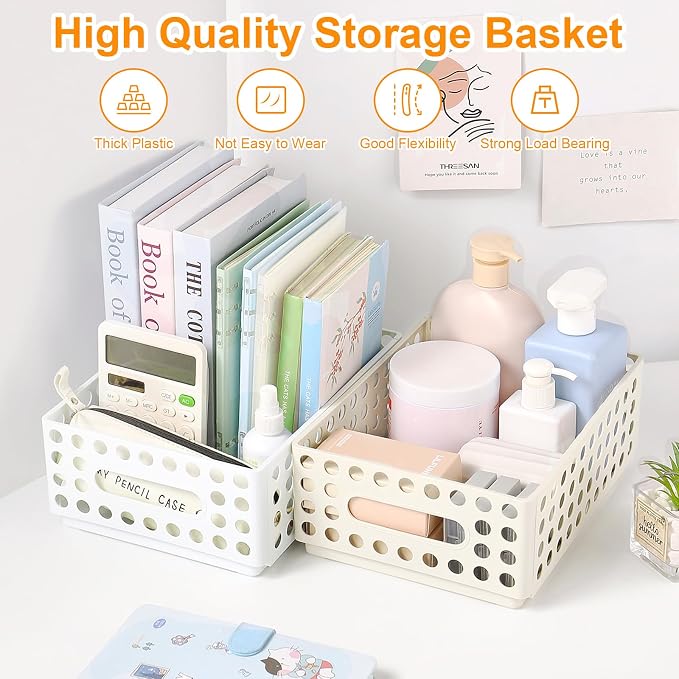 SAYEEC 2 Pack Mini Foldable Plastic Baskets for Organizing Collapsible Crate with Handle Stackable Storage Bin Small Storage Container Box Caddy Desk Drawer Organizer for Home Office Classroom (Beige)