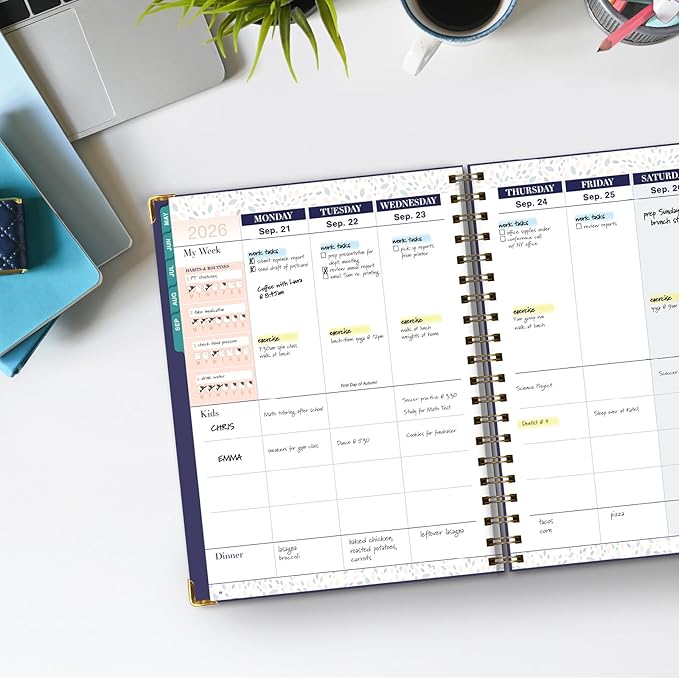 FAMILY PLANNER ORGANIZER – 8.5" x 11" Weekly & Monthly Calendar (May 2026-Jun 2026). 5+ People, Meal Planning, Budgeting, Habit Tracker – Hardcover, Household Schedule Organizer for Parents, Kids, & Caregivers (Small Navy Floral)