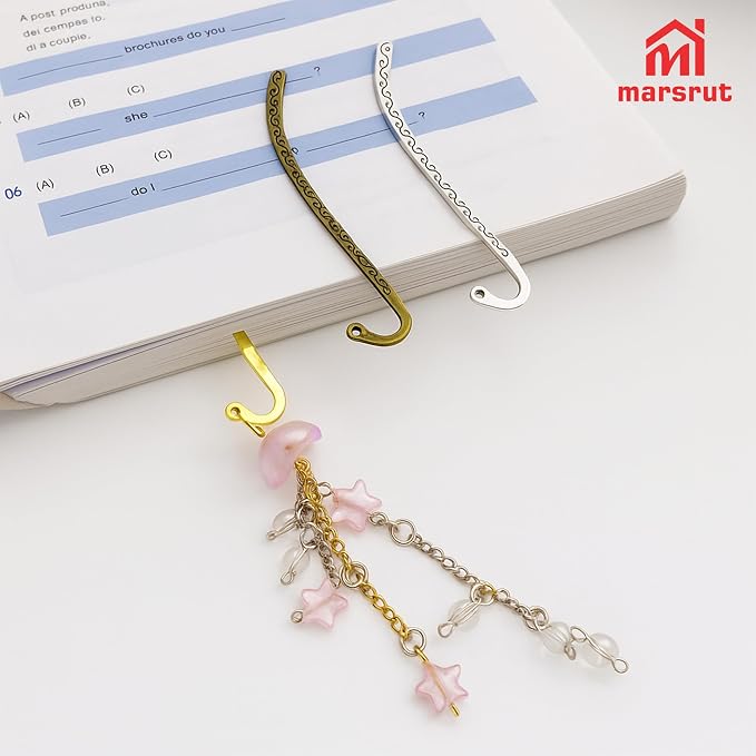 60pcs Metal Bookmark Hooks with Beaded Blanks, Vintage Retro Beading Line Tibetan Carving Pattern Alloy Hook Bookmarks with Hole for Stationery, Reading Enthusiasts, Teacher, DIY, Gifts
