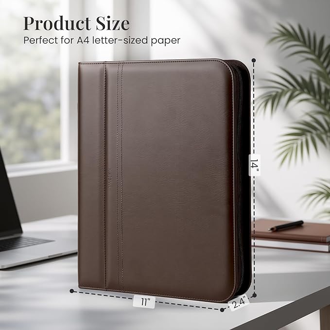 3-Ring Padfolio Portfolio Organizer Binder,Faux Leather Interview Resume Folder,Letter Size A4 Legal Writing Pad Holder for Business School Office Conference Notepad Clip Boards (Brown)
