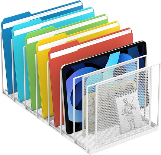 Desk File Organizer, 7 Section Vertical Metal File Organizer for Desk, Desktop File Organizer Stand, Paper Folder Organizer for Office Home Classroom Storage (White, 7 Section)