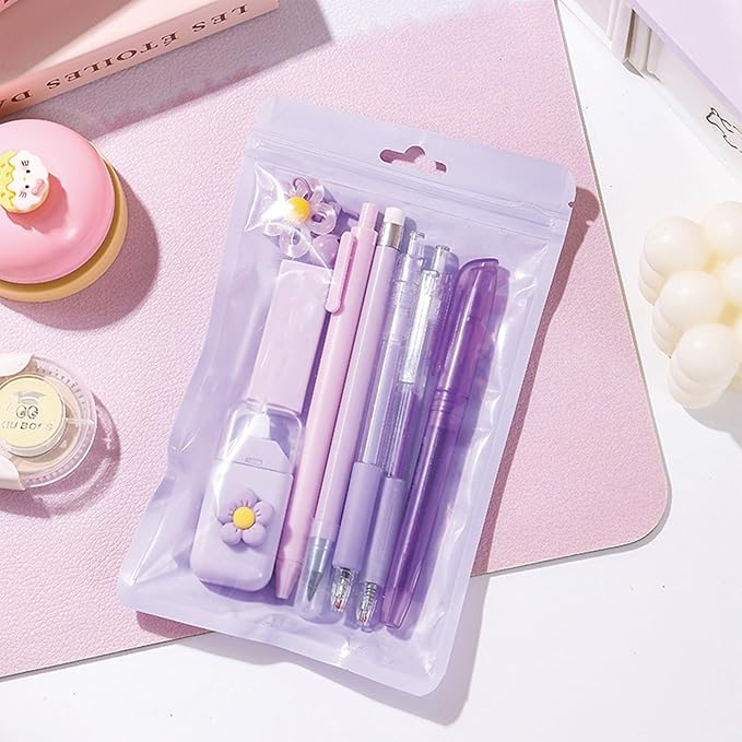 MOZXIRZ 8 Pcs Cute Purple Stationery Set for Girls Boys Women Back to School Supplies Office Supplies Kawaii Candy Colors Stationery Gift Including Pen Pencil Highlighter Eraser (Purple)