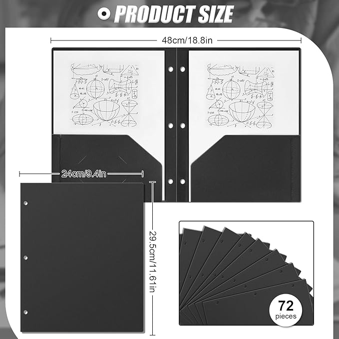 Yeaqee 72 Pcs Plastic Folders with Pockets Bulk 3 Hole Punched 2 Pocket File Folders for 3 Ring Binder Divider Folder for Notebooks, Durable Poly for Office Home (Black)