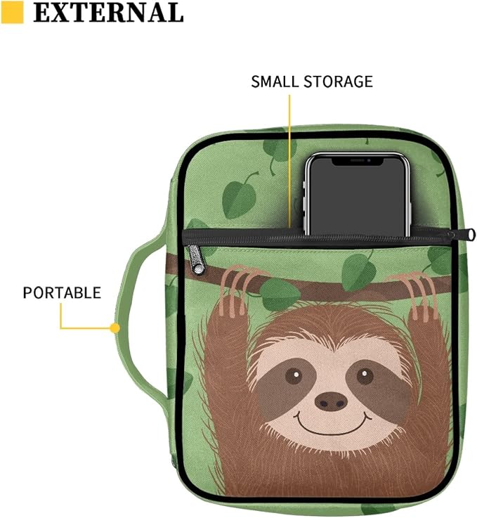 Coldinair Lovely Sloth Print Bible Cover for Women Teens Kids Boys Girls,Cute Carrying Book Case Church Bag Bible Protective with Handle and Zippered Pocket