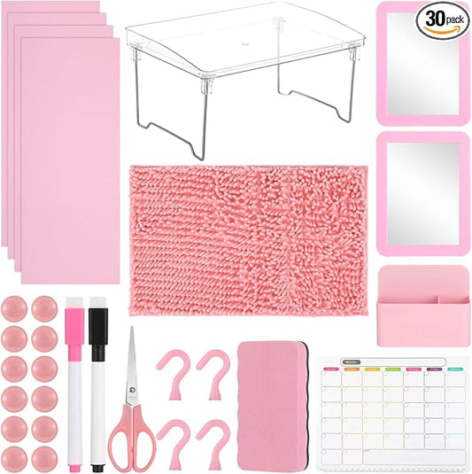 OMISTAR 30 PCS Pink Locker Accessories Set With Shelf, Marble Wallpaper, Rug, Magnetic Mirror, Whiteboard, Dry Erase Marker, Refrigerator Magnet for Decoration