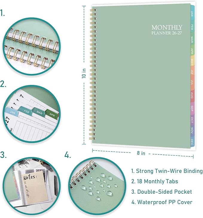 2026-2027 monthly planner - 26-27 Monthly Planner, 18 Months Planner with Colorful Tabs, Jul 2026-DEC 2027, 8'' x 10'', 2026-2027 Monthly Calendar with 2-Sides Pockets