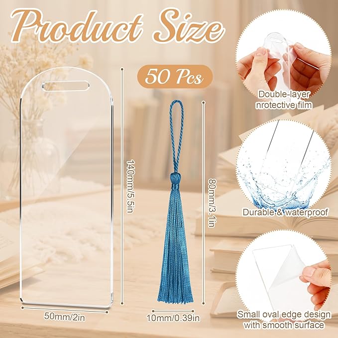 Fumete 50 Pcs Sublimation Blank Bookmark Heat Transfer Acrylic DIY Bookmark with Hole and Colorful Tassels for Graduation Crafts Birthday Sublimation Blank Keychains, Single Sided Printing