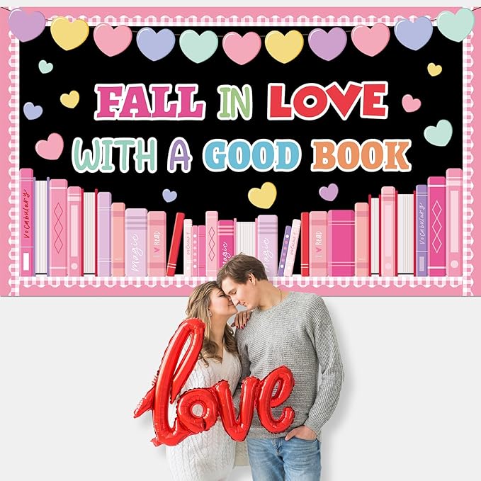Valentine's Day Reading Bulletin Board Set Candy Heart Classroom Decorations Fall in Love with A Good Book Paper Cutouts for Valentines School Party Nursery Chalkboard Home Office Wall Door Decor