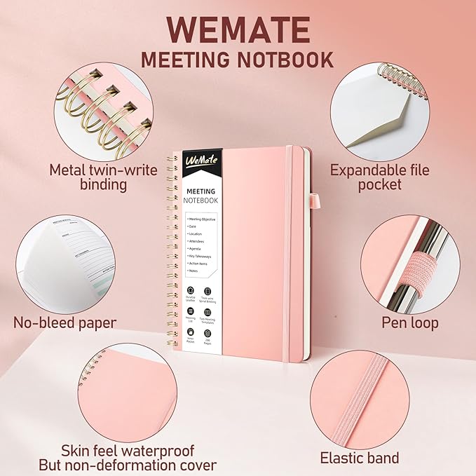 WEMATE Meeting Notebook for Work B5 (7"x10") - PU Leather Work Notebook with Agenda, Action Items & Notes - 200 Pages for Men&Women, Staff and Students, Meeting, Projects Planning -Rose Gold