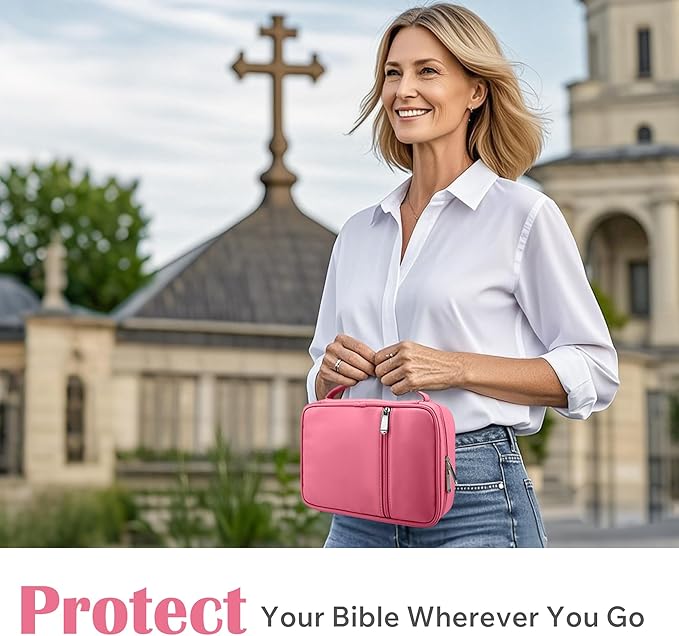 Small Bible Cover Case for Women and Men, 9x6 PU Leather Bible Sleeve, Compact Travel Bible Carrier Bag with Front Pen Holders, Zipper Closure, Inner Pockets - Hot Pink
