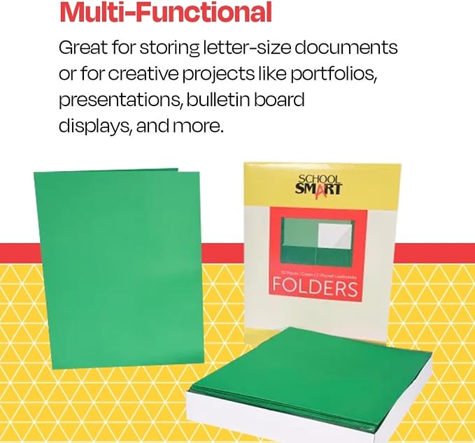 School Smart Extra-Large Folders with Pockets, 9 x 12 Inches, Green, Pack of 25