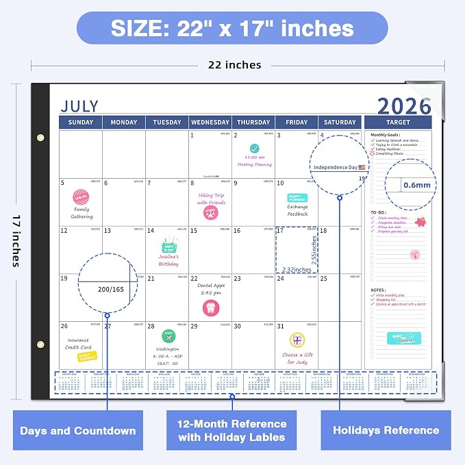 Ospelelf Bule Calendar 2026-2027 Large 22'' x 17'' Monthly Calendar Planner, 18 Month Deskpad Calendar for Seniors, Office, Family, Use July 2026 - Dec 2027