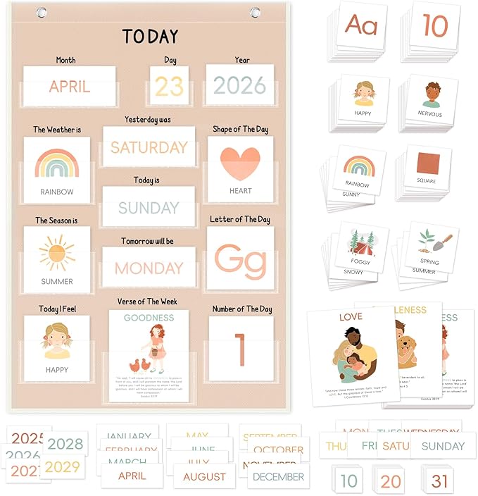 Calendar Pocket Chart for Kids, 21.5"H×14.25"L, 155 Laminated Cards with Back Storage Pocket, Early Education Teaching Supplies