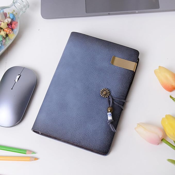 Wonderpool Leather Journal Lined Paper Notebook & Pen - Refillable 6 Ring Binder Writing Spiral Diary with Ruled Notepads Vintage Cover for Office Travel Work and Plan Agenda (A6, a-Mist blue)