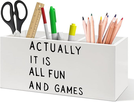 Funny Pen Holder, Actually It Is All Fun and Games Funny Office Pen Pencil Holder Organizer for Desk Accessories, Trendy Minimalist Wooden Box Desk Decor for Home Office Desk Decorations