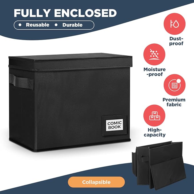 Lincia 8 Pack Comic Book Storage Boxes, 15.4" x 7.5" x 11.4" Book Box Organizer Collapsible with Handles, Stackable Short Bin to Holds 150-180 Comics for Home School Classroom, Black