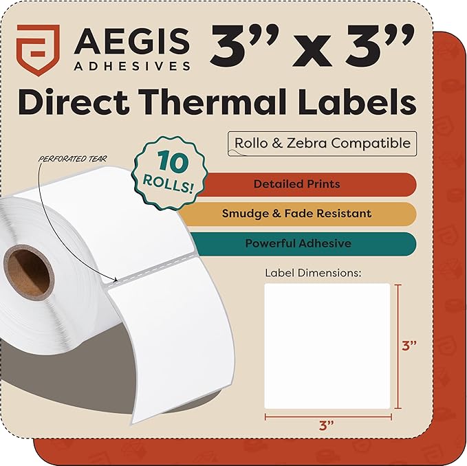 Aegis Adhesives - 3" X 3" Square Direct Thermal Labels (5000 Count, 10 Rolls) Product Packaging Stickers, QR Code Stickers, Barcode Labels for Branding - Compatible with Zebra and Rollo Printers