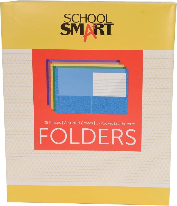 School Smart 2-Pocket Folders, Assorted Colors, Pack of 25 - 084900