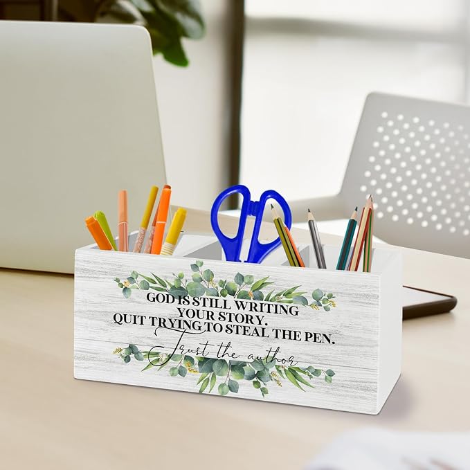 Christian Pen Pencil Holder Organizer for Desk Accessories, Sage Green Eucalyptus Bible Verse Wooden Box Sign Desk Decor for Home Office Decoration, Christian Gifts for Women Men