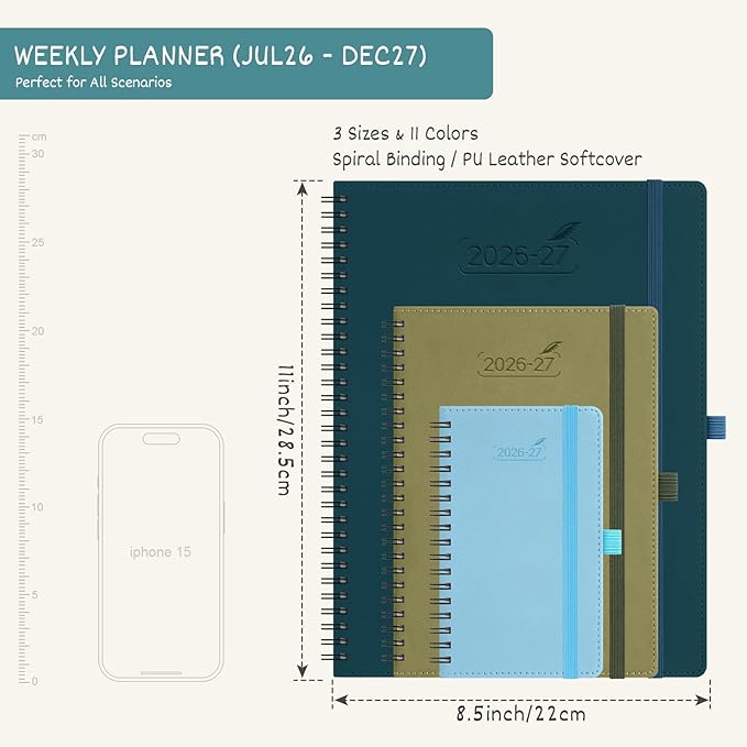 BEZEND Weekly Planner 2026-2027 (8.5" x 11") with Hourly Timeslots (Jul 26-Dec 27) 18 Months Academic Calendar & Monthly Tabs, for Students, Work & Home, Spiral PU Leather Softcover -Lavender