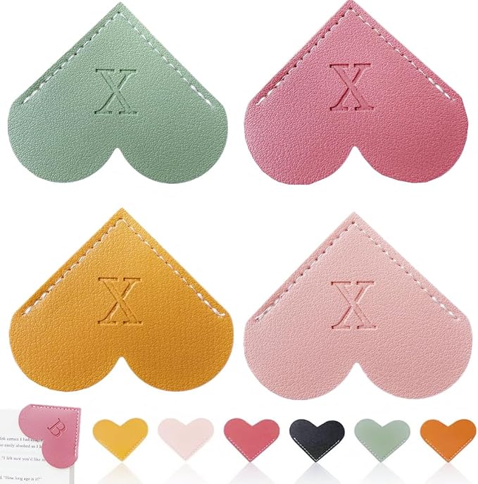 Personalized Leather Heart Bookmark, 26 Letters Customized Corner Book Mark for Reading Women, Book Marker with Initials，Cute Gifts (Light Pink+Deep Pink+Green+Light Brown, X)