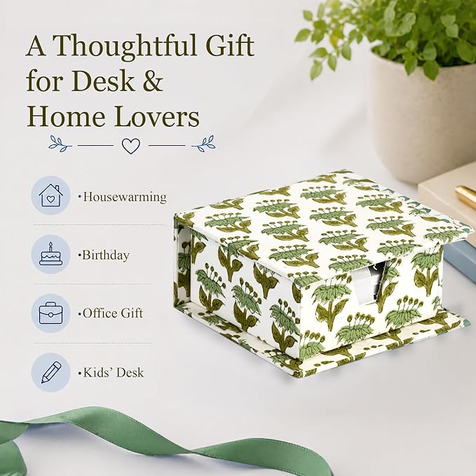 CPC Emerald Green Block Print Cotton Desk Organizer Sticky Note Holder, 4'' X 4'' X 2'' Cute, Aesthetic, Decor Accessories, Workspace Organizers, Caddy Storage, Gift for Office, Professionals, Student